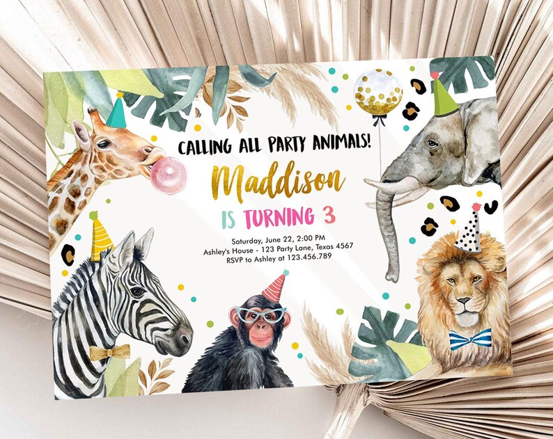Editable Party Animals Birthday Invitation Wild One Animals Invitation Zoo Safari Animals Girl Download Printable Invite