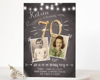 Invitación de cumpleaños número 70 editable CUALQUIER EDAD Pizarra Rústica Adulto Setenta Foto Vintage Oro Brillo Jubileo Aniversario Corjl Plantilla 0230