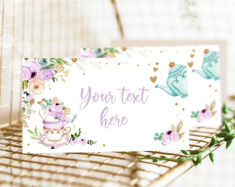 Editable Tea Party Food Label Tea Place Card Tent Card Escort Card ParTea Tea for Two Decor Purple Floral Printable Corjl