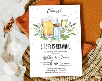 Editable A Baby is Brewing Invitation Bottle and Beers Baby Shower Cheers Coed Couples Shower Download Printable Template Corjl  0190