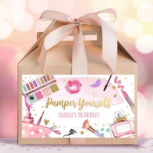 Caja de regalo editable para fiesta de spa, etiqueta de caja de cumpleaños glamurosa, consiéntase, déjese consentir, fiesta glamurosa, descargue la plantilla imprimible 0420