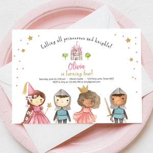 Editable Princess and Knight Birthday invitation Once Upon a Time Princess Birthday Girl Pink Castle Download Printable Template Corjl 0171