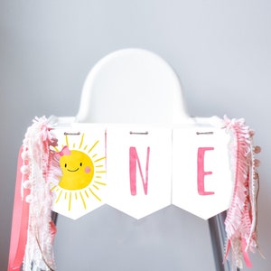 Sunshine kinderstoel banner Little Sunshine Girl 1e eerste verjaardag roze kinderstoel banner ONE Sunshine Party Decor AFDRUKBAAR digitaal 0141