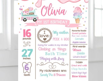 Editable Ice Cream Birthday Milestone Sign Girl Pink First Birthday Ice Cream Truck 1st Cone Sweet Digital Download Template Printable 0243