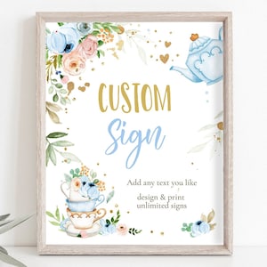 Editable Custom Tea Party Sign Baby Shower Baby is Brewing Floral Blue Gold Whimsical Boy Table Sign 8x10 Digital Template Printable 0349