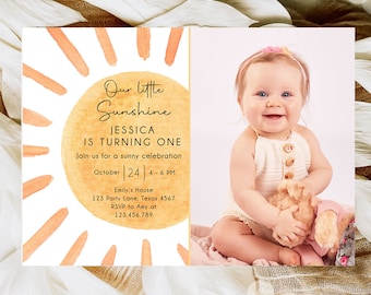 Editable Our Little Sunshine Birthday Invitation 1st Summer Sunshine Party Neutral Boho Digital Download Evite Template Printable 0431
