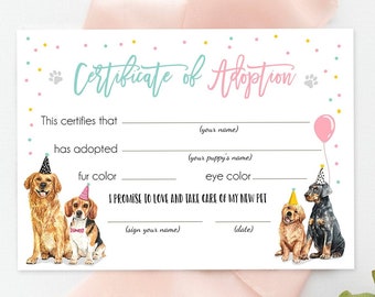 Pet Adoption Certificate Puppy Adoption Dog Birthday Party Adopt A Pet Girl Pink Vet Puppy Adoption Instant Download Digital Printable 0384