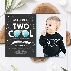 Editable Two Cool Birthday Invitation Boy Second Birthday Party 2nd I&#39;m Two Cool Pilot Sunglasses Photo Digital Template Printable 0136