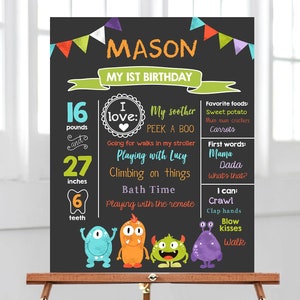 Little Monsters modificabile, pietre miliari del compleanno, cartello per il primo compleanno, decorazione per mostri, modello di download digitale per la prima festa del bambino, stampabile 0058
