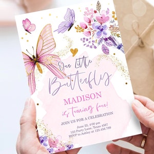 Editable Butterfly Birthday Invitation Girl Purple Butterfly Invite 1st Birthday Party Floral Pink Digital Download Template Printable 0437