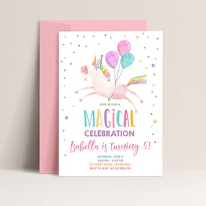 Invito di compleanno unicorno modificabile Invito magico per festa Ragazza Rosa Primo compleanno Modello di invito digitale Reainbow Scarica Corjl 0336