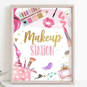 Makeup Station Sign Spa Party Sign Spa Birthday Sign Makeup Party Sign Girl Glitters and Glamour Decor Table Decor Download Printable 0420