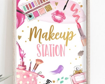 Bord make-upstation Spa-feestbord Spa-verjaardagbord Make-upfeestbord meisje Glitters en glamourdecor Tafeldecor Afdrukbare downloaden 0420