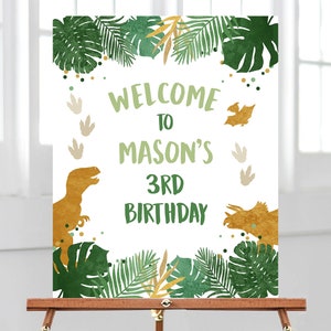 Editable Dinosaur Welcome Sign Boy Green Gold Dino Dig Party Dinosaur Birthday Sign Table Sign Digital Download Template Printable 0146