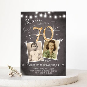 Bearbeitbare 70. Geburtstagseinladung JEDES AGE Tafel-rustikales Erwachsener Siebziger Foto Vintage Gold Glitter Jubiläum Jahrestag Corjl Vorlage 0230