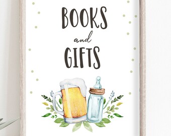 Books And Gifts Sign Table Decor Baby is Brewing Sign Gift Table Bottles and Beers Greenery Gift Table Sign Gender Neutral Printable 0190