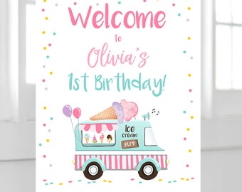 Bearbeitbares Eis LKW Party Willkommen Zeichen Eis Geburtstag Willkommen Eis Mädchen Sommer Rosa Minze Digitale Vorlage Printable 0243