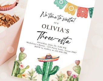 Redigerbar Fiesta-inbjudan Three-esta-födelsedagsinbjudan mexikansk kaktus suckulent ökenblomma flicka barn 3-årsjubileumsmall utskrivbar 0404