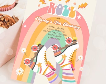 Redigerbar retro rullskridsko-födelsedagsfestinbjudan "Let's Roll Skating Kids Rainbow 70-tals skridskoåkning" digital nedladdningsbar mall utskrivbar 0435