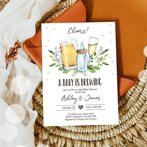 Editable A Baby is Brewing Invitation Bottle and Beers Baby Shower Cheers Coed Couples Shower Download Printable Template Corjl  0190