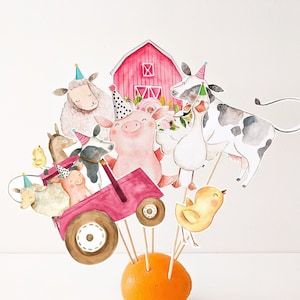 Printable Farm Centerpieces Farm Animals Birthday Party Farm Cake Topper Table Decor Barnyard Party Pink Tractor Girl DIY Digital 0155