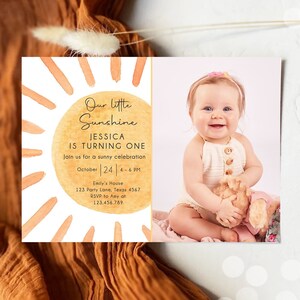 Invito di compleanno modificabile Our Little Sunshine 1a festa estiva Sunshine Neutral Boho Digital Download Evite Template stampabile 0431