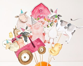 Printable Farm Centerpieces Farm Animals Birthday Party Farm Cake Topper Table Decor Barnyard Party Pink Tractor Girl DIY Digital 0155