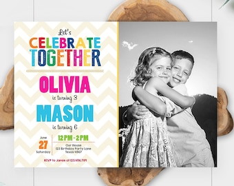 Editable Siblings Birthday Invitation Twins Birthday Party Joint Birthday Double Party Rainbow Kids Corjl Template Printable0087