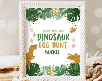 Dinosaur Egg Hunt Sign Table Decor Dino Egg Sign Prehistoric Party Boy Green Gold Favor Table Jungle Dino Party Sign T-Rex PRINTABLE 0146