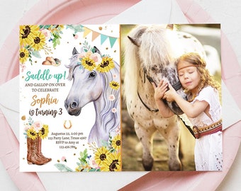 Editable Cowgirl Birthday Invitation Girl Saddle Up Watercolor Horse Party Horse Birthday Sunflowers Download Printable Template Corjl 0408
