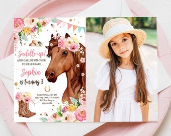 Editable Horse Birthday Invitation Girl Saddle Up Watercolor Cowgirl Party Horse Invite Pink Floral Download Printable Template Corjl 0408