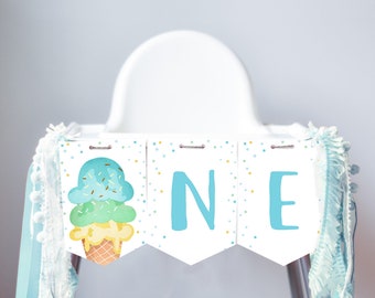 Ice Cream High Chair Banner Blue Mint Boy Ice Cream 1st First Birthday Boy High Chair ONE Banner Party Summer Scoop PRINTABLE Digital 0243