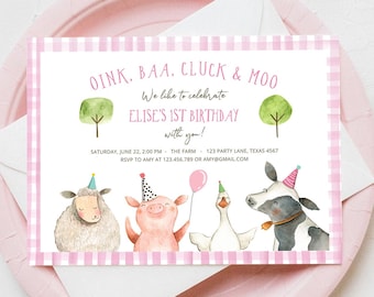 Editable Farm Birthday Invitation Girl Farm Animals Pink Floral Barnyard Party Download Printable Invitation Template Digital Corjl 0155