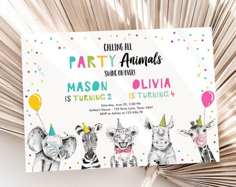 Editable Party Animals Birthday Invitation Wild One Safari Animals ANY AGE Boy Girl Siblings Combined Joint Corjl Template Printable 0390