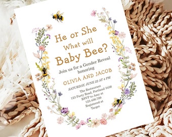 Editable Bee Gender Reveal Invitation What Will Baby Bee Invitation Gender Neutral Honey Digital Download Evite Template Printable 0502