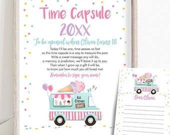 Editable Ice Cream Truck Time Capsule First Birthday Party Ice Cream Birthday Summer Party Decor Scoop Girl Digital Template Printable 0243