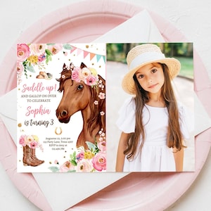 Editable Horse Birthday Invitation Girl Saddle Up Watercolor Cowgirl Party Horse Invite Pink Floral Download Printable Template Corjl 0408