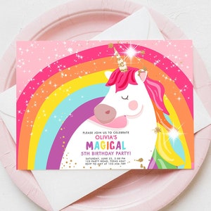 Editable Unicorn Birthday Invitation Magical Unicorn Party Girl Pink Gold Unicorn Invite Rainbow Printable Corjl Template Digital 0323