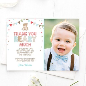 Editable Thank You Card Teddy Bear Birthday Picnic Beary Much Boy Blue Woodland Download Printable Thank You Template Digital Corjl 0100 image 1