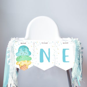 Ice Cream High Chair Banner Blue Mint Boy Ice Cream 1st First Birthday Boy High Chair ONE Banner Party Summer Scoop PRINTABLE Digital 0243