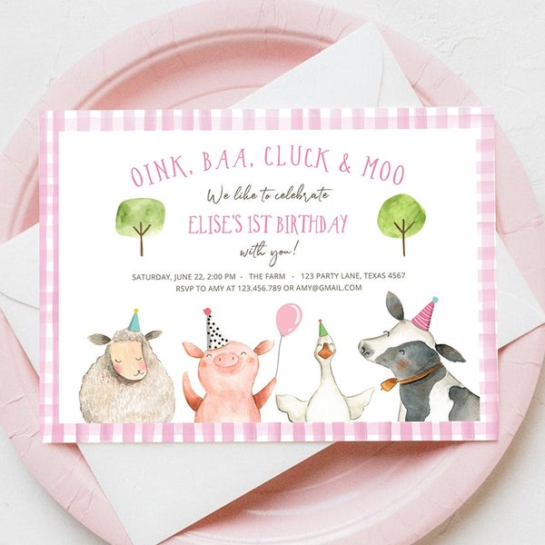 Editable Farm Birthday Invitation Girl Farm Animals Pink Floral Barnyard Party Download Printable Invitation Template Digital Corjl 0155