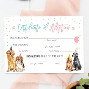 Pet Adoption Certificate Puppy Adoption Dog Birthday Party Adopt A Pet Girl Pink Vet Puppy Adoption Instant Download Digital Printable 0384
