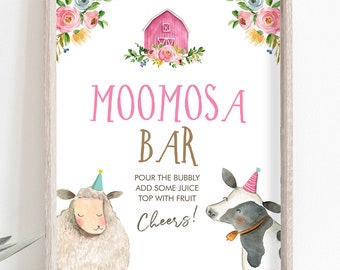 Moomosa Bar Farm Birthday Party Sign Mimosa Bar Sign Table Decor Party Farm Animals Pink Girl Baby Shower Cow Sheep Digital  Printable 0155