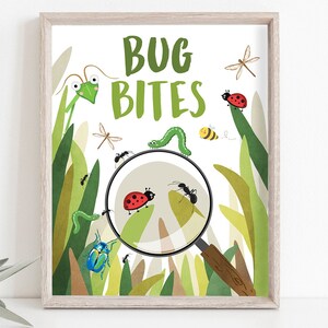 Cartello di compleanno con punture di insetti, decorazioni per il tavolo dei dolci, cartello per il tavolo del cibo per la festa di compleanno a tema insetti, caccia agli insetti all'aperto, ragazzo, insetto, download stampabile 0090