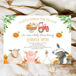 Invitación editable para baby shower de granja, calabaza, género neutro, camión rojo, animales de granja, corral, otoño, descarga digital, plantilla imprimible 0155