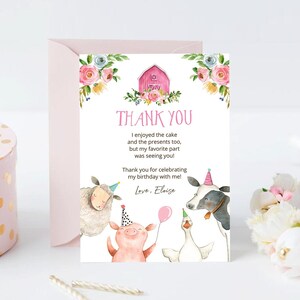 Note de carte de remerciement modifiable animaux de la ferme Vichy rose fille basse-cour fête animaux de la ferme modèle en téléchargement numérique imprimable 0155