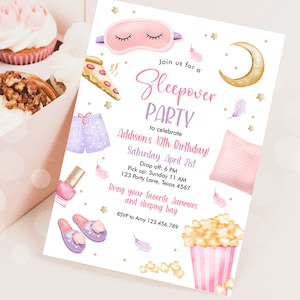 Invito di compleanno per pigiama party modificabile Invito di compleanno per pigiama party Rosa Ragazza Spa Adolescenti Pizza Modello digitale scaricabile Stampabile 0447