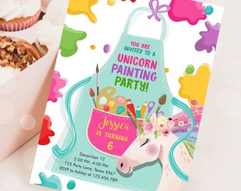 Invitación editable para fiesta de pintura de unicornios, fiesta de arte, fiesta de cumpleaños para niña, manualidades de pintura, fiesta mágica, descarga digital, plantilla imprimible 0319
