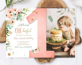 Editable Little Miss Onederful Birthday Invitation 1st Birthday Girl Pink Gold Floral Download Printable Template Corjl Digital 0147