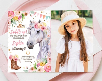 Editable Horse Birthday Invitation Girl Saddle Up Watercolor Cowgirl Party Horse Invite Pink Floral Download Printable Template Corjl 0408